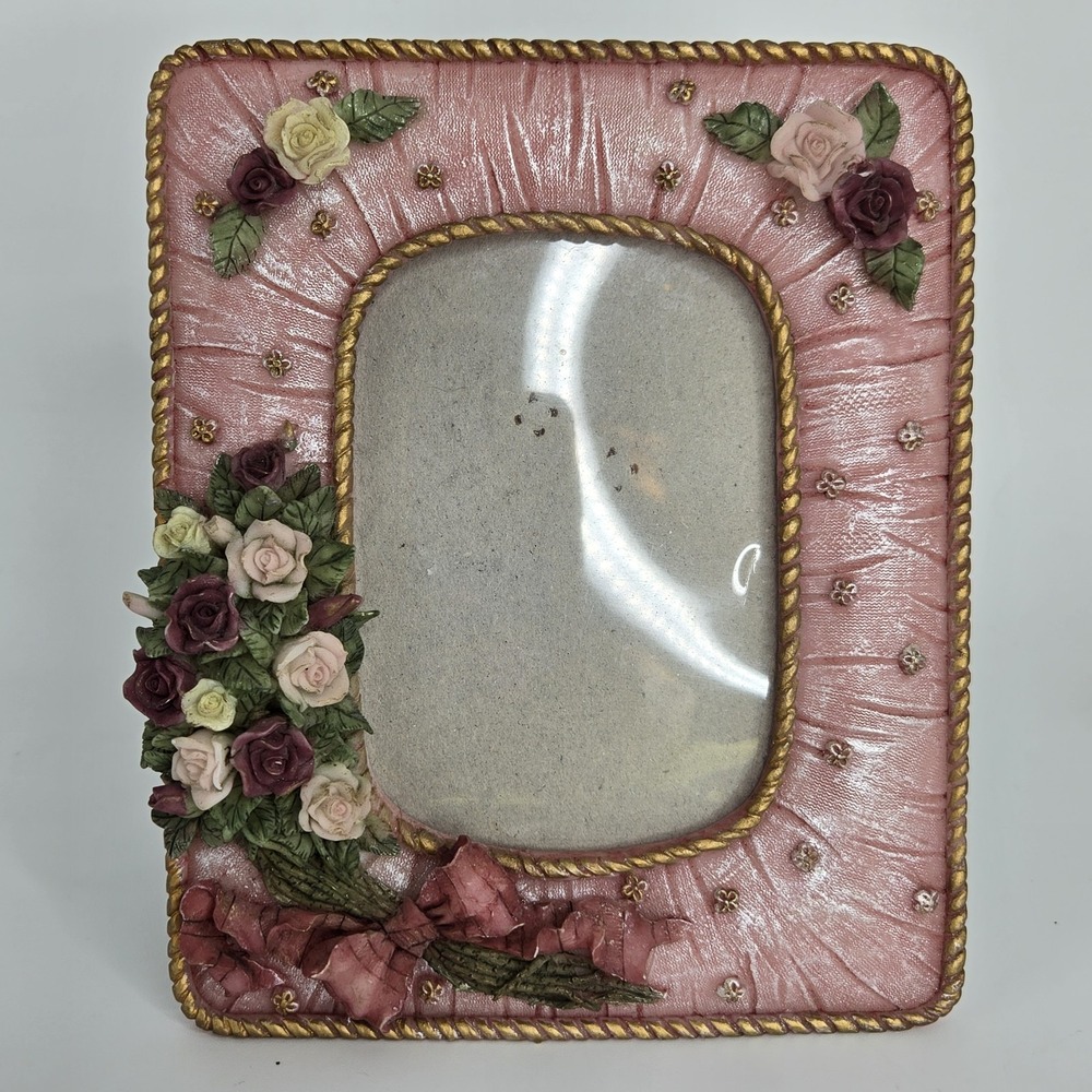 Vtg Victorian 3D Pink Roses Resin Picture Photo Frame 5x7 Regency Revival Floral